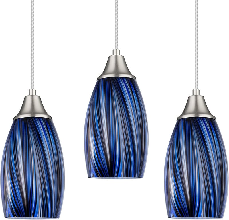 karyfine Dark Blue Glass Mini Pendant Lights for Kitchen Island 3Pack Blown Art Glass Pendant Lighting Shade Hanging Pendant Lights with Brushed Nickel Finish for Kitchen Over Sink,Dining Room - Image 1